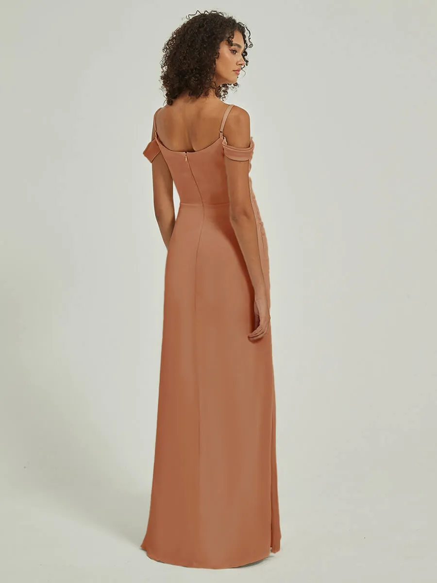 Bronzer Cowl Neckline Straps Side Slit Silk Satin Convertible Bridesmaid Dress