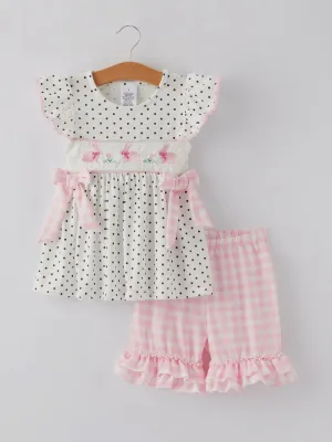 Bunny Hop & Dots Smocked Shorts Set: White Multi