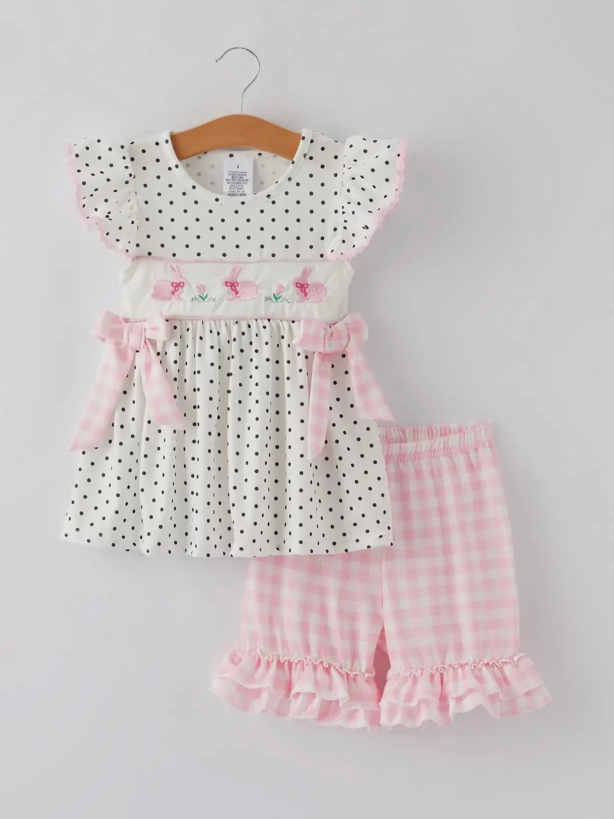 Bunny Hop & Dots Smocked Shorts Set: White Multi