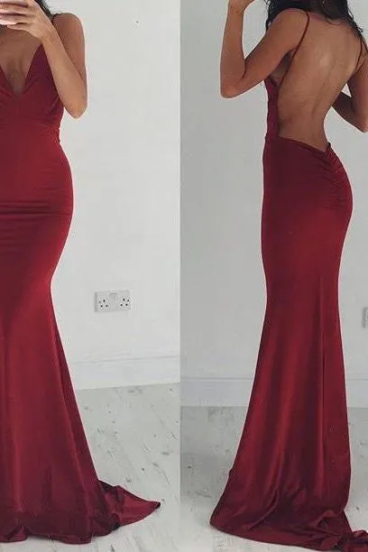 Burgundy Stretchy Spaghettis-Straps Backless Column Prom Dresses