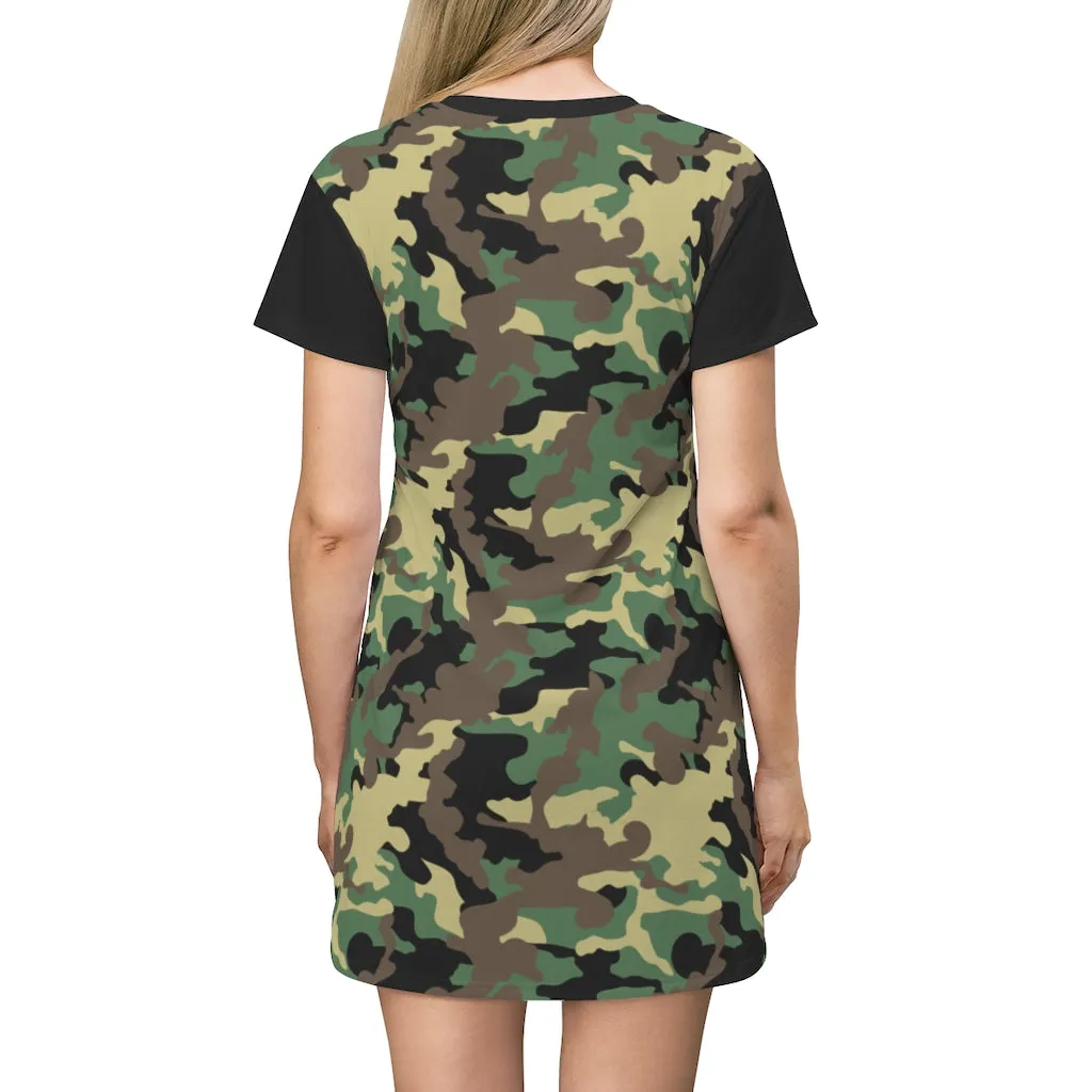 Camo Print T-Shirt Dress Tunic Length With Contrast Sleeves Green, Brown and Black Camouflage