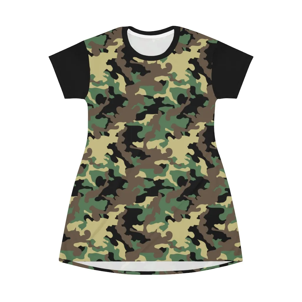 Camo Print T-Shirt Dress Tunic Length With Contrast Sleeves Green, Brown and Black Camouflage