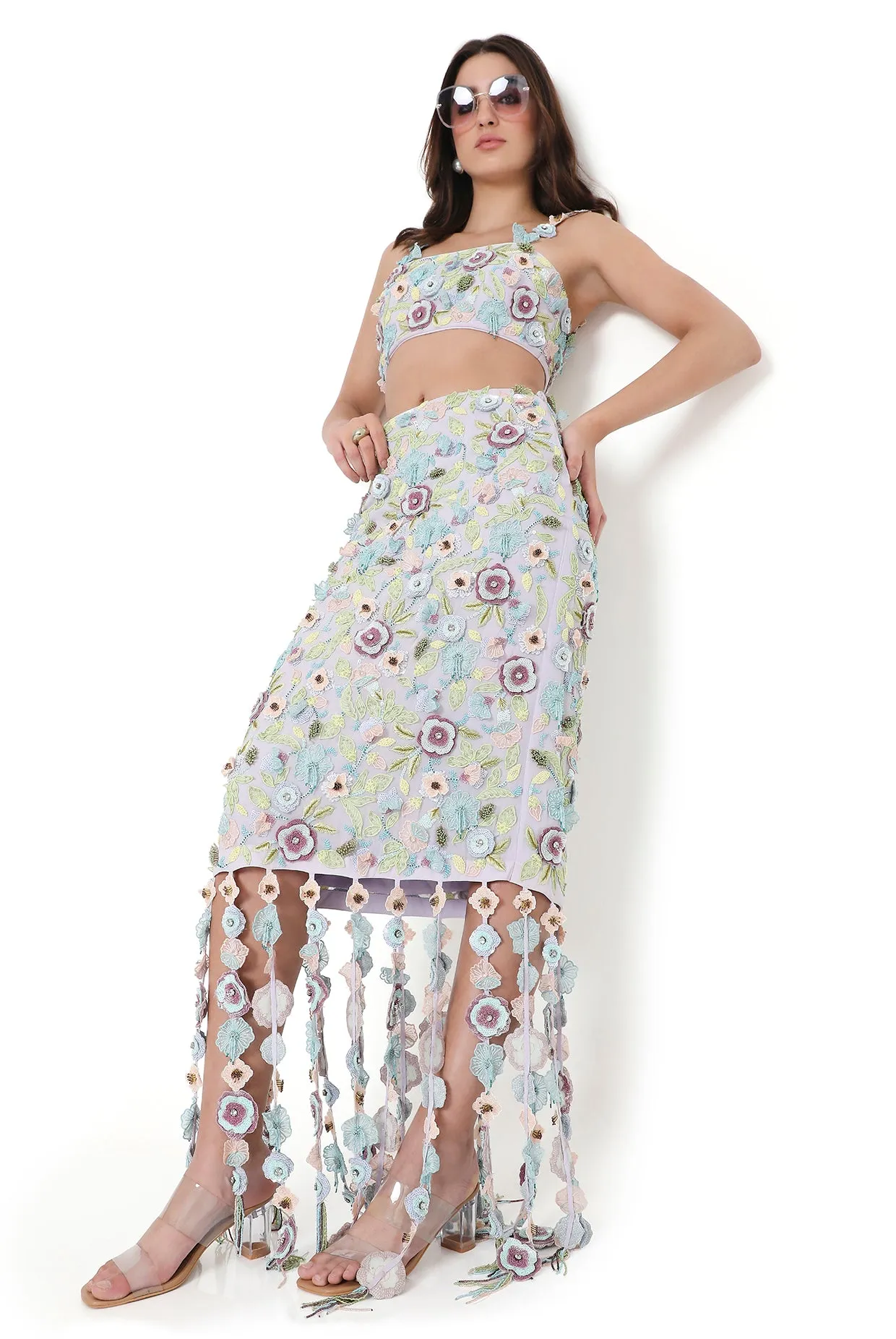 Capri Lilac Embroidered Bustier And Fitted Skirt With Hanging 3D Flowered Tassels - Ready To Ship