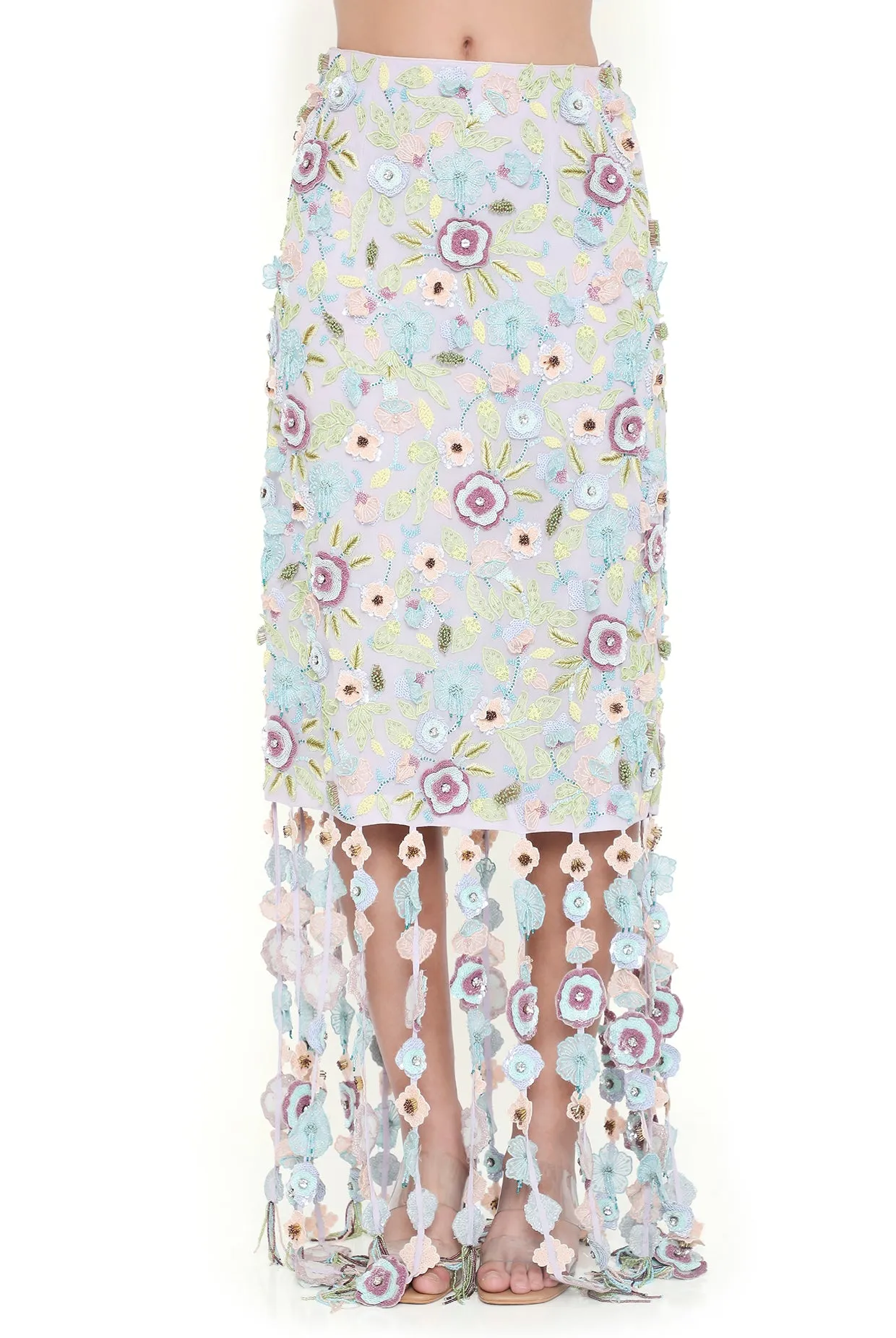 Capri Lilac Embroidered Bustier And Fitted Skirt With Hanging 3D Flowered Tassels - Ready To Ship