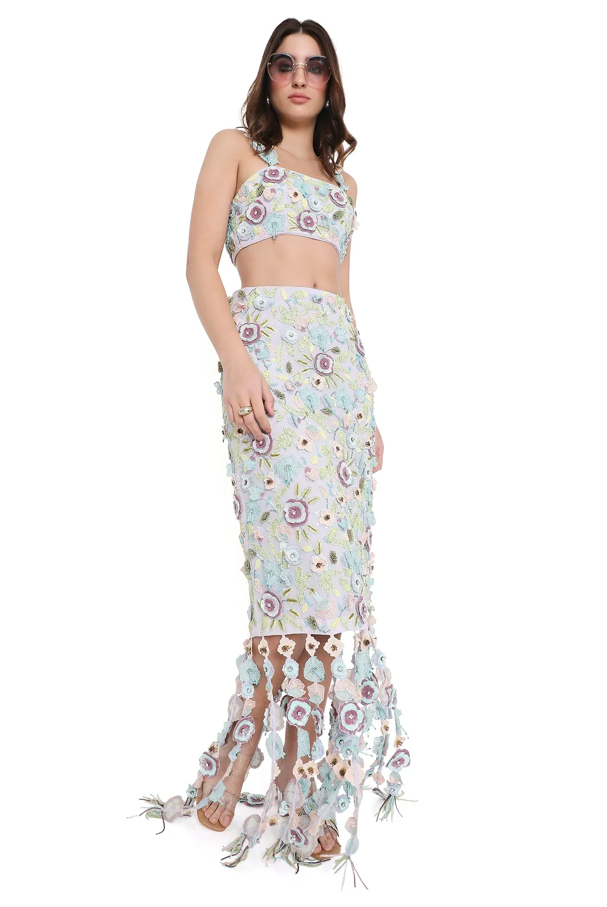 Capri Lilac Embroidered Bustier And Fitted Skirt With Hanging 3D Flowered Tassels - Ready To Ship