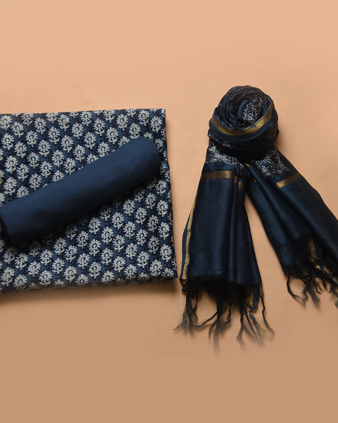 Carbon Blue Chanderi Hand Block Printed Unstitched Suit Fabric Set With Chanderi Dupatta