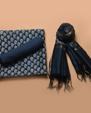 Carbon Blue Chanderi Hand Block Printed Unstitched Suit Fabric Set With Chanderi Dupatta