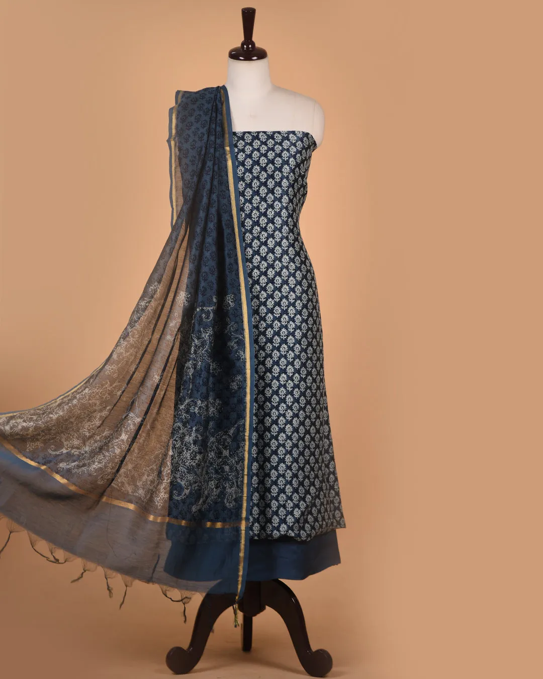 Carbon Blue Chanderi Hand Block Printed Unstitched Suit Fabric Set With Chanderi Dupatta