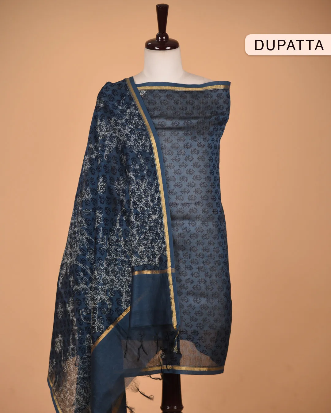 Carbon Blue Chanderi Hand Block Printed Unstitched Suit Fabric Set With Chanderi Dupatta