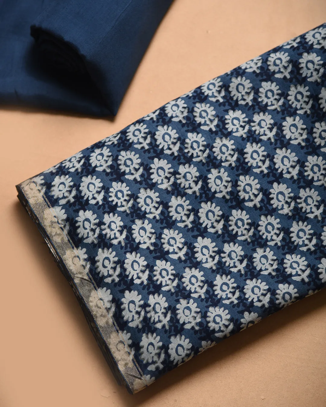 Carbon Blue Chanderi Hand Block Printed Unstitched Suit Fabric Set With Chanderi Dupatta