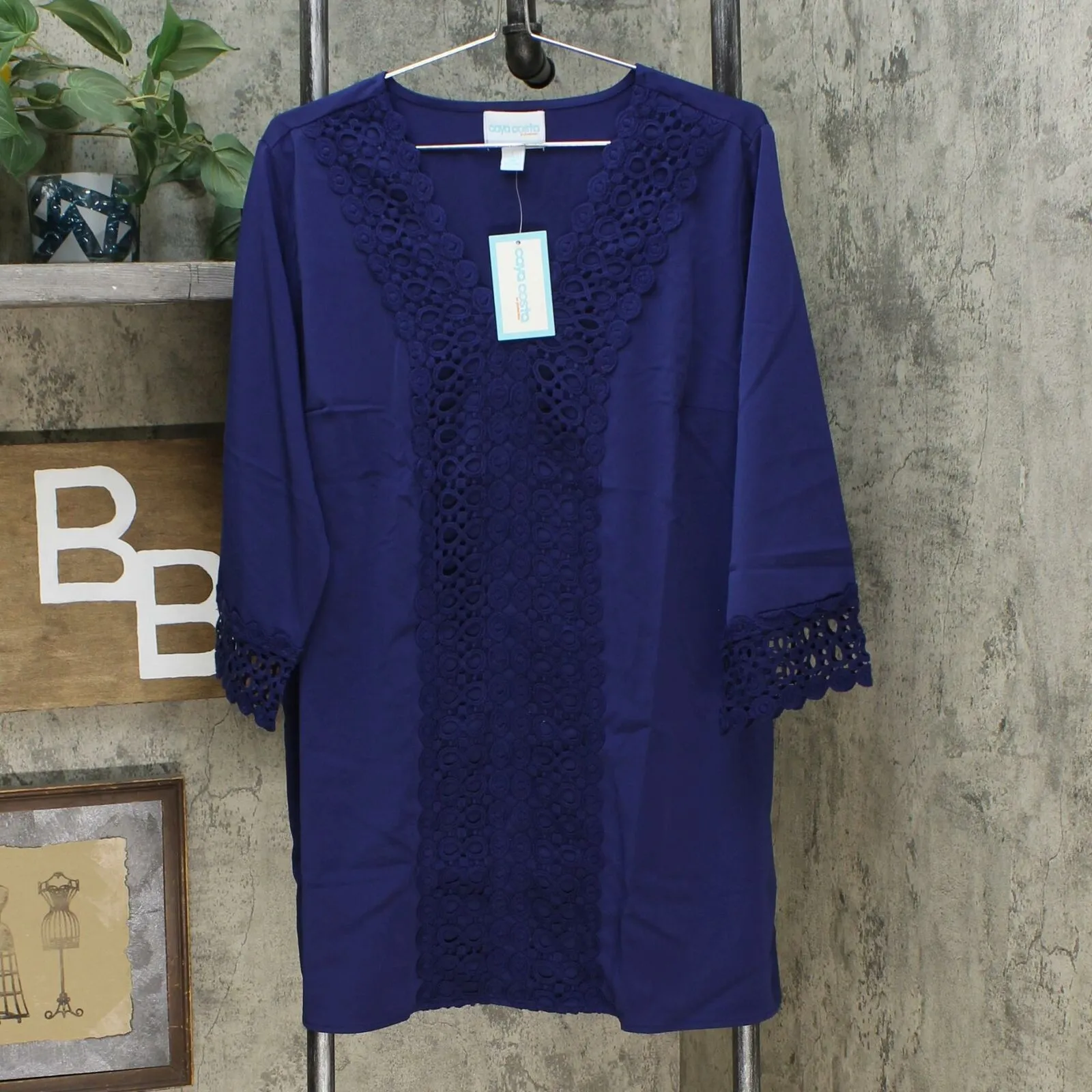 Caya Costa Women's 3/4 Sleeve Crochet Trim Tunic Top