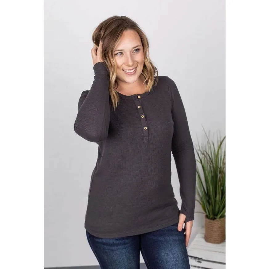 Charcoal  Henley Shirt Women  Long Sleeve with Thumb Holes