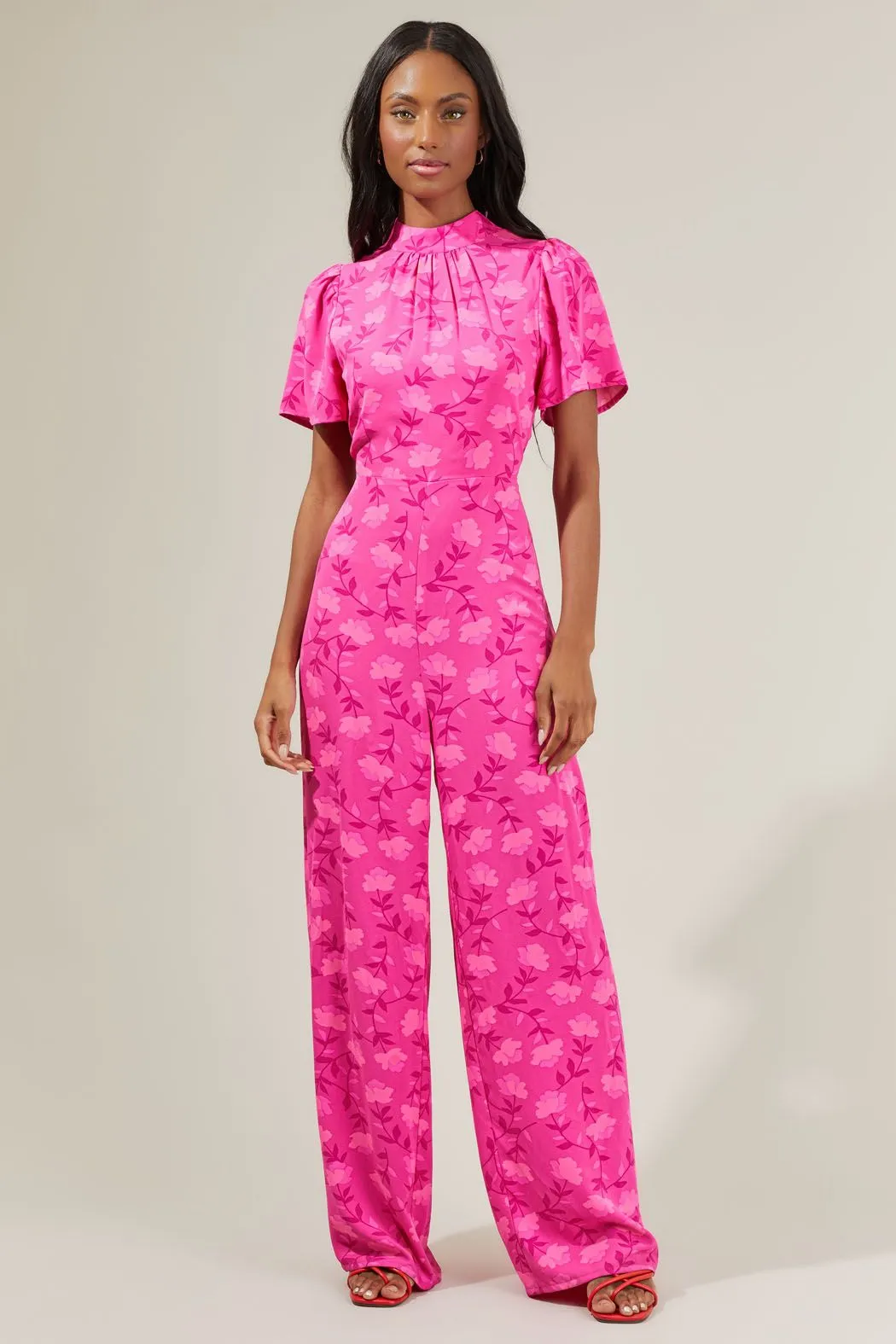 Clever Floral Mock Neck Wide Leg Jumpsuit