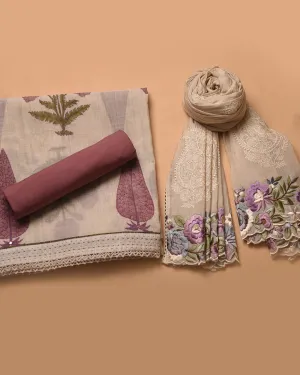 Cream Chanderi Printed With Embroidery Unstitched Suit Fabric Set With Chanderi Embroidered Dupatta