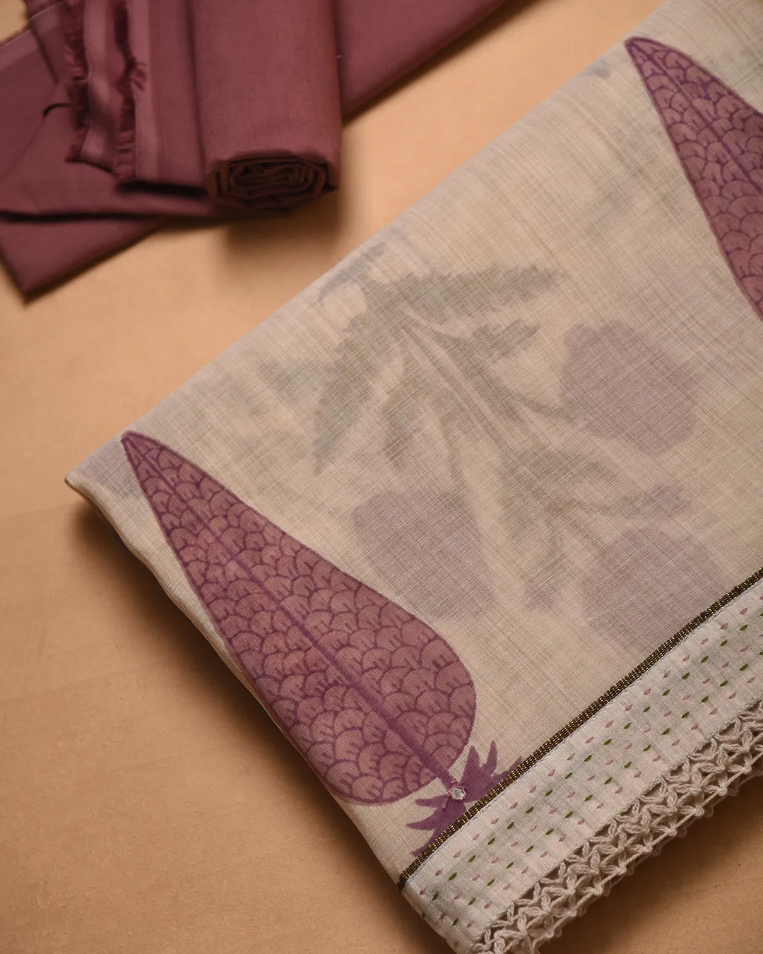 Cream Chanderi Printed With Embroidery Unstitched Suit Fabric Set With Chanderi Embroidered Dupatta