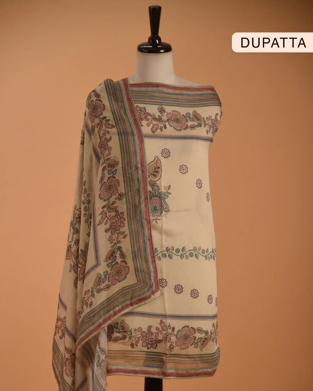 Cream Muslin Printed With Embroidery Unstitched Suit Fabric Set With Muslin Dupatta