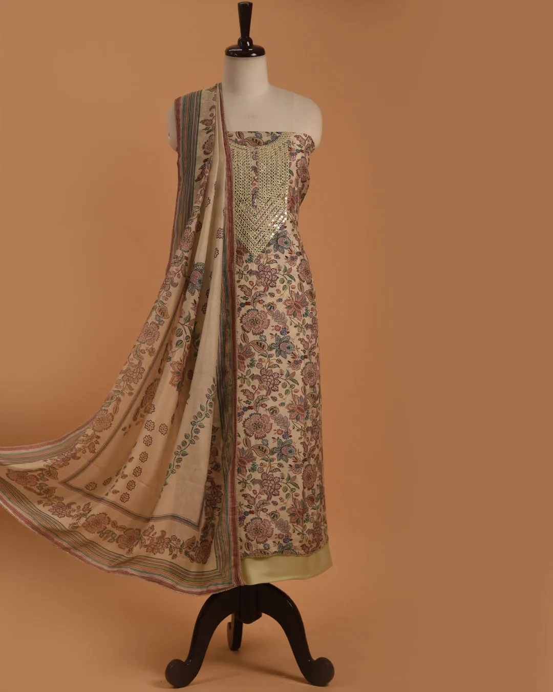 Cream Muslin Printed With Embroidery Unstitched Suit Fabric Set With Muslin Dupatta