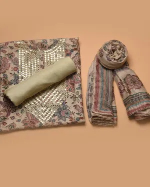 Cream Muslin Printed With Embroidery Unstitched Suit Fabric Set With Muslin Dupatta