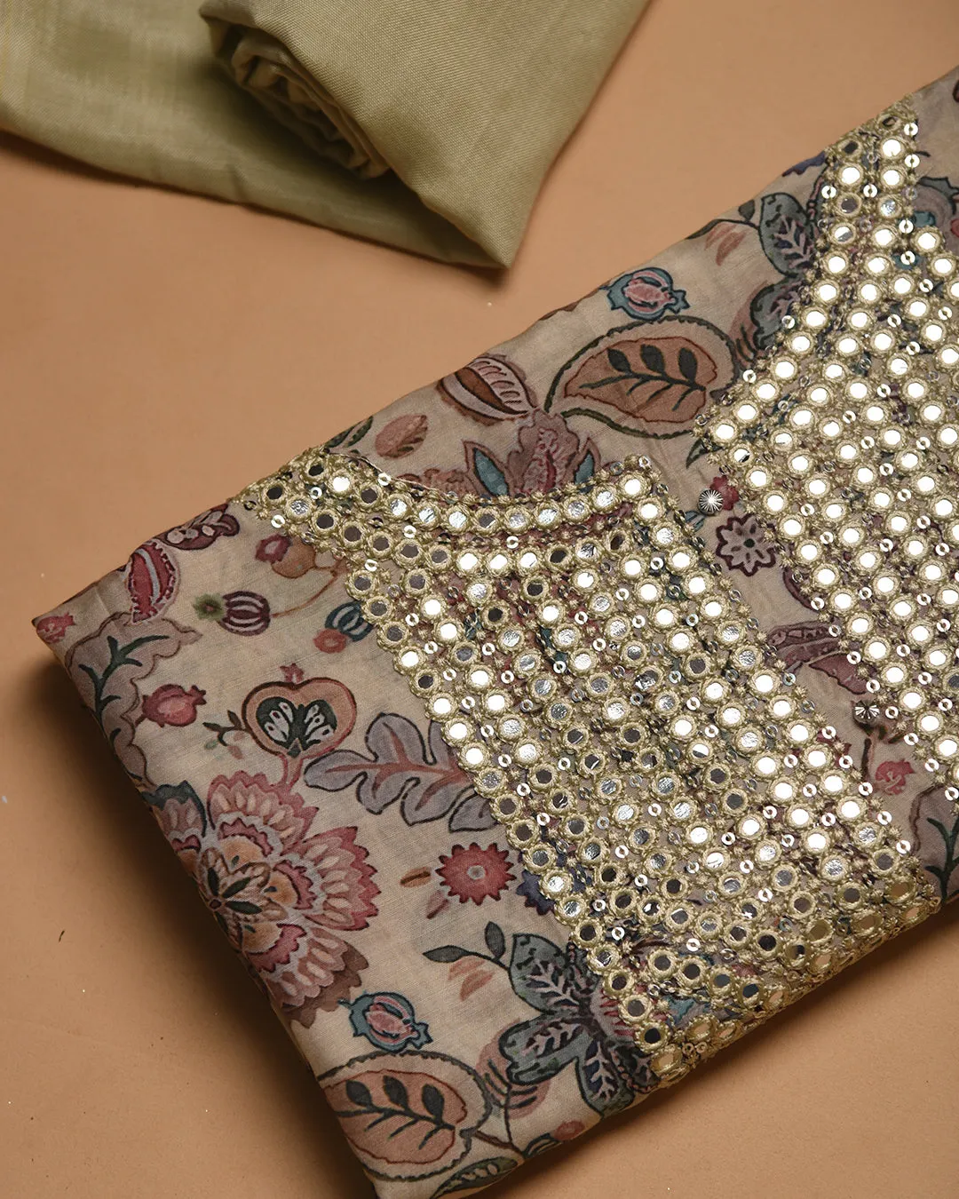 Cream Muslin Printed With Embroidery Unstitched Suit Fabric Set With Muslin Dupatta