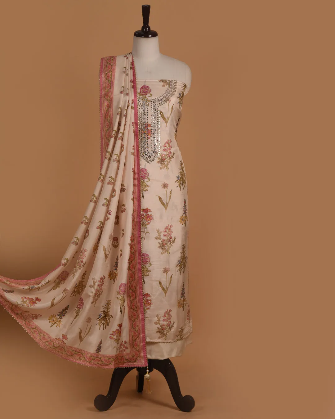 Cream Muslin Viscose Blend Printed With Embroidery Unstitched Suit Fabric Set With Muslin Dupatta