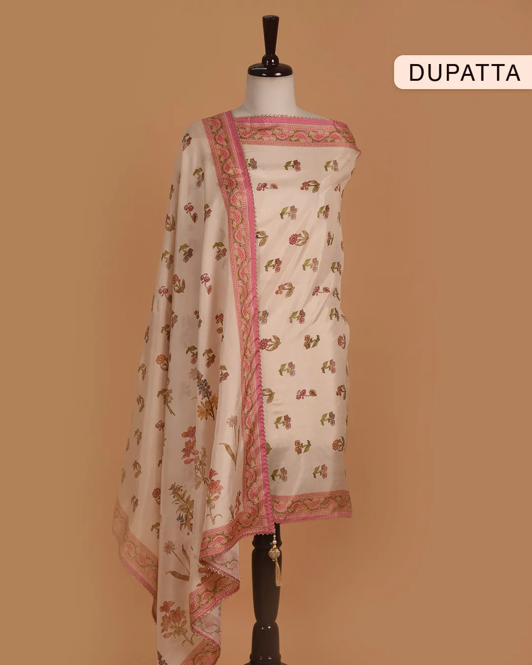 Cream Muslin Viscose Blend Printed With Embroidery Unstitched Suit Fabric Set With Muslin Dupatta