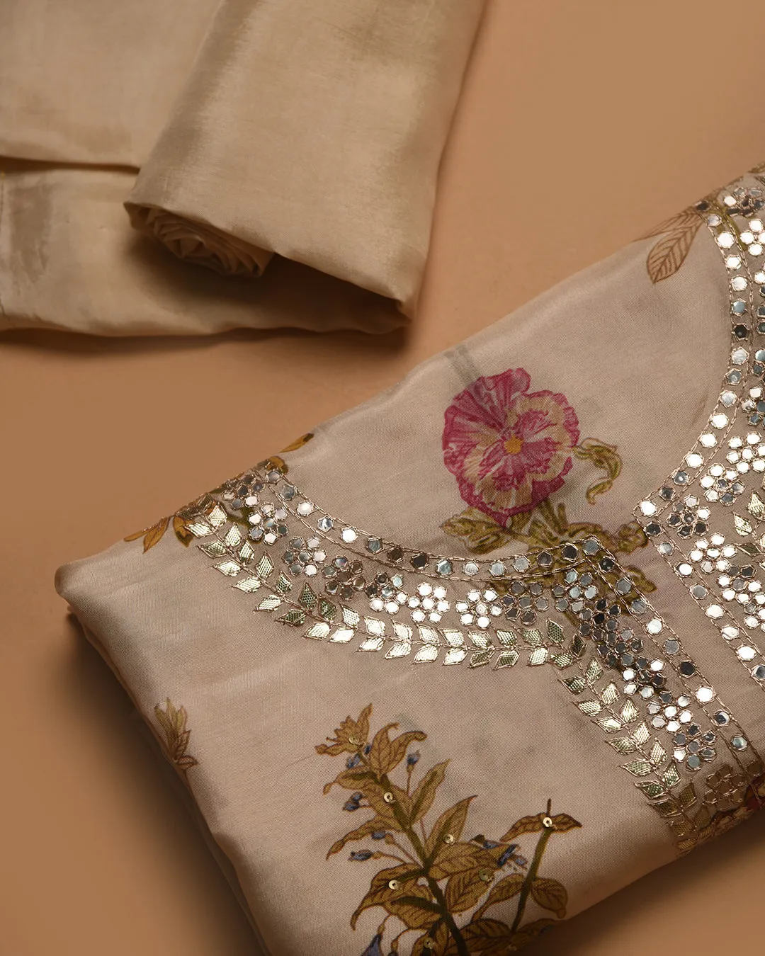 Cream Muslin Viscose Blend Printed With Embroidery Unstitched Suit Fabric Set With Muslin Dupatta