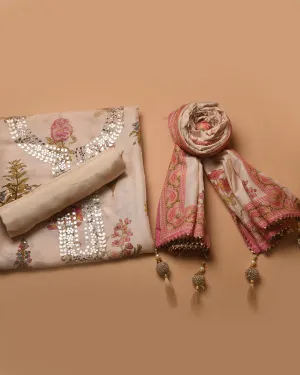 Cream Muslin Viscose Blend Printed With Embroidery Unstitched Suit Fabric Set With Muslin Dupatta