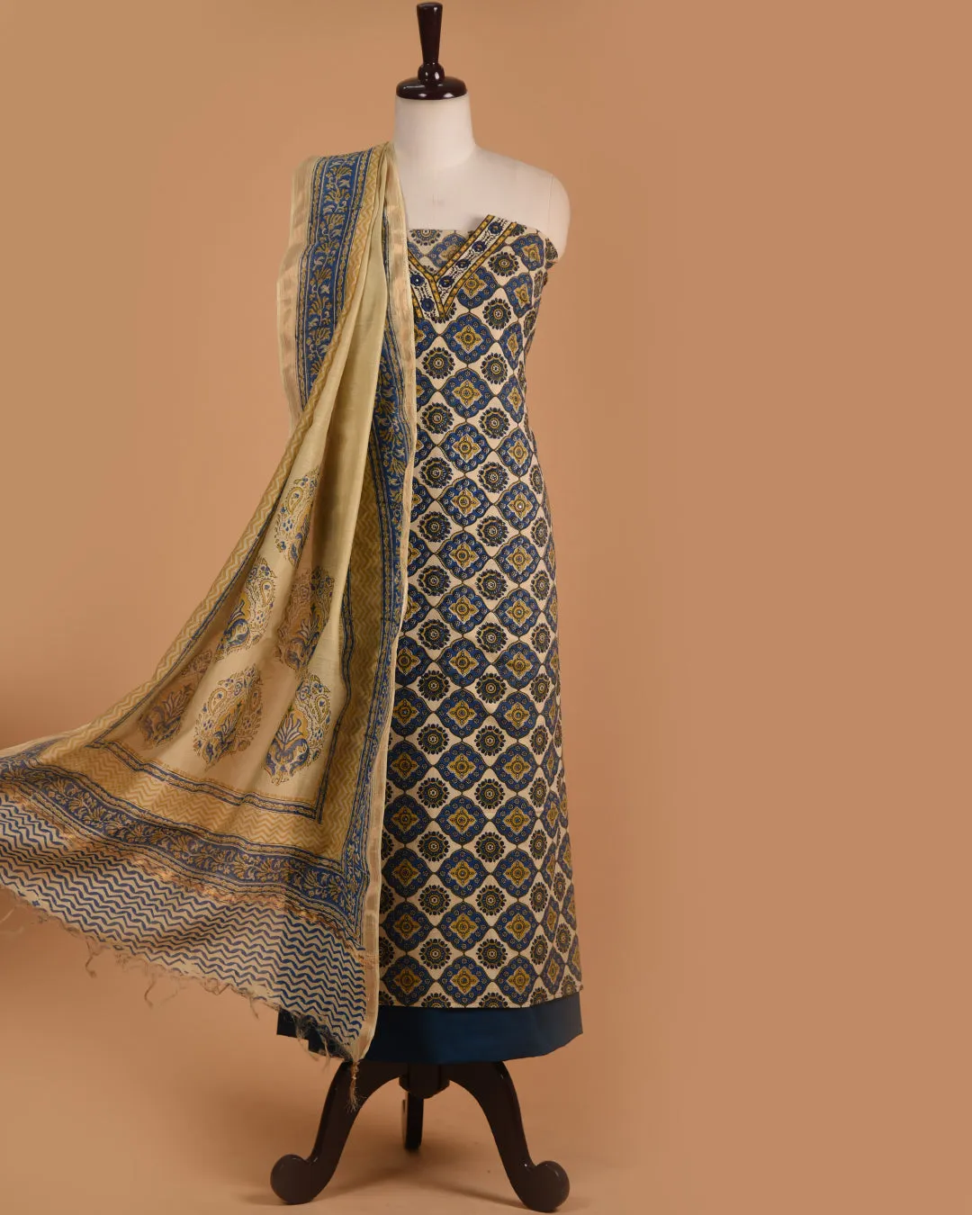 Cream With Blue Pure Cotton Printed With Embroidery Unstitched Suit Fabric Set With Chanderi Dupatta