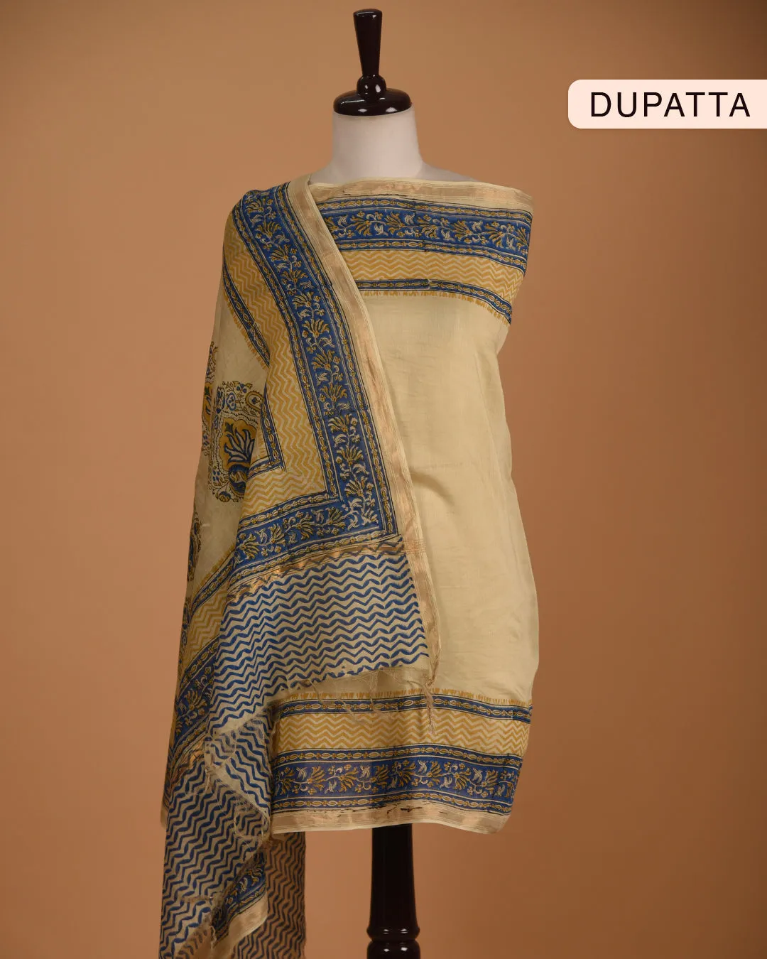 Cream With Blue Pure Cotton Printed With Embroidery Unstitched Suit Fabric Set With Chanderi Dupatta