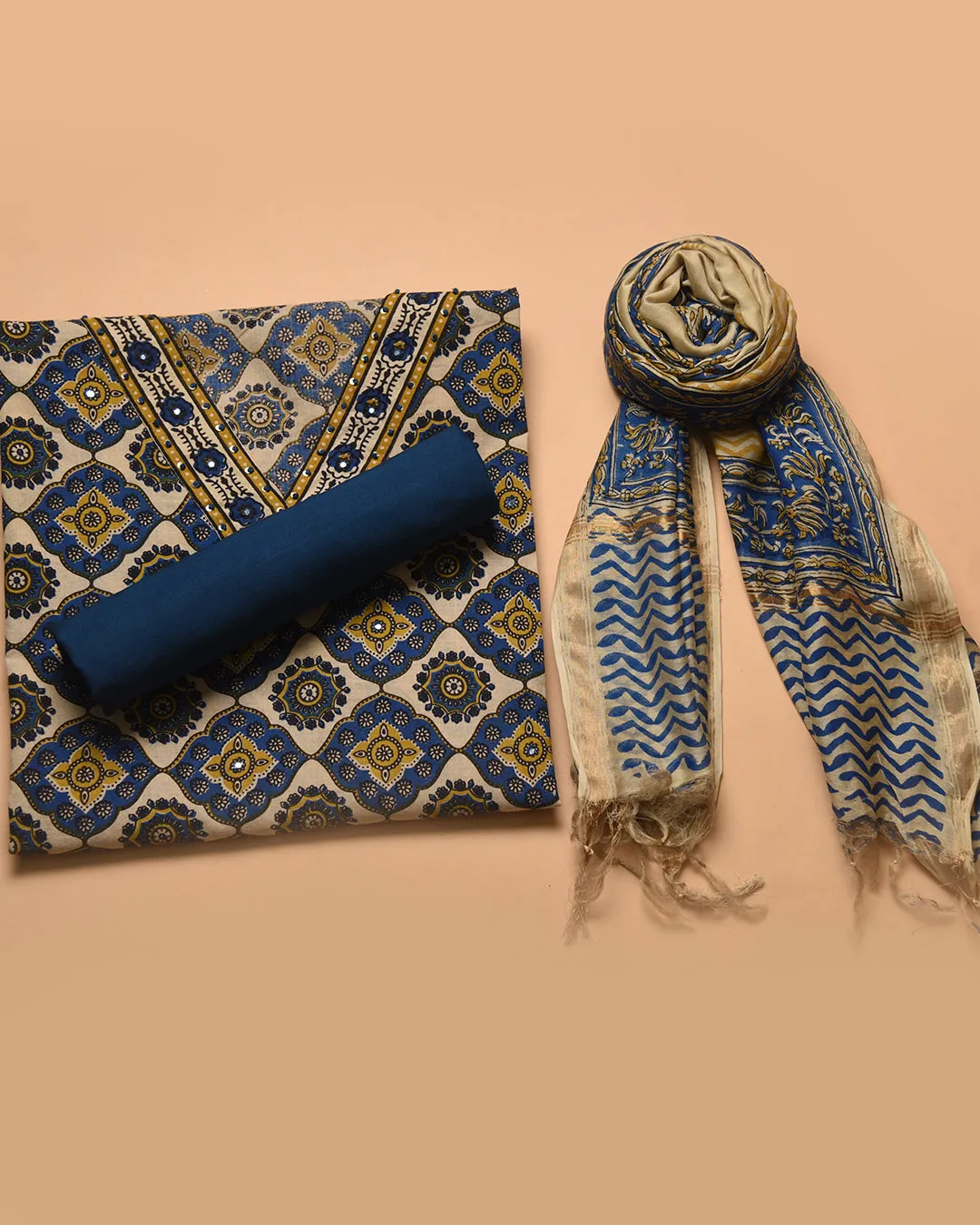 Cream With Blue Pure Cotton Printed With Embroidery Unstitched Suit Fabric Set With Chanderi Dupatta
