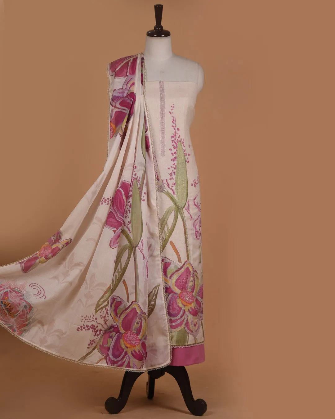 Cream With Pink Cotton Flax Printed With Embroidery Unstitched Suit Fabric Set With Cotton Printed Dupatta