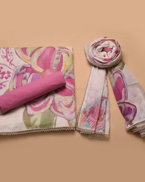 Cream With Pink Cotton Flax Printed With Embroidery Unstitched Suit Fabric Set With Cotton Printed Dupatta