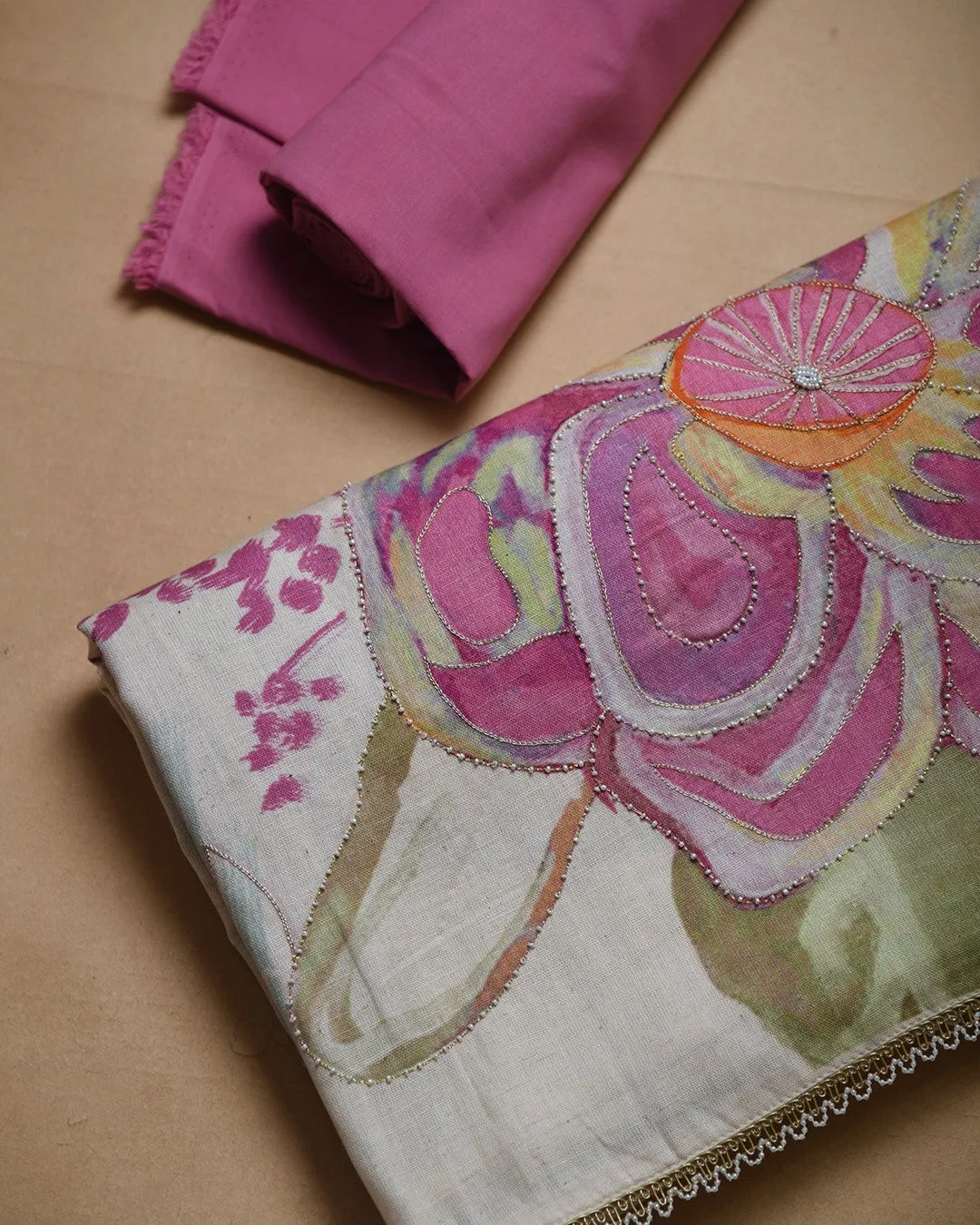 Cream With Pink Cotton Flax Printed With Embroidery Unstitched Suit Fabric Set With Cotton Printed Dupatta