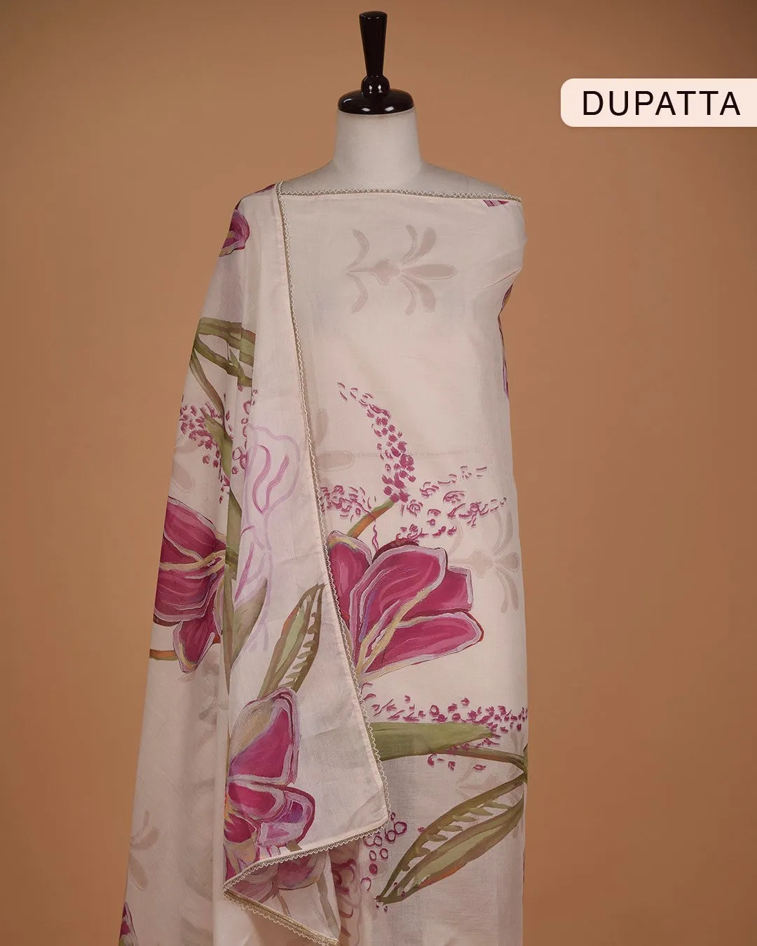 Cream With Pink Cotton Flax Printed With Embroidery Unstitched Suit Fabric Set With Cotton Printed Dupatta