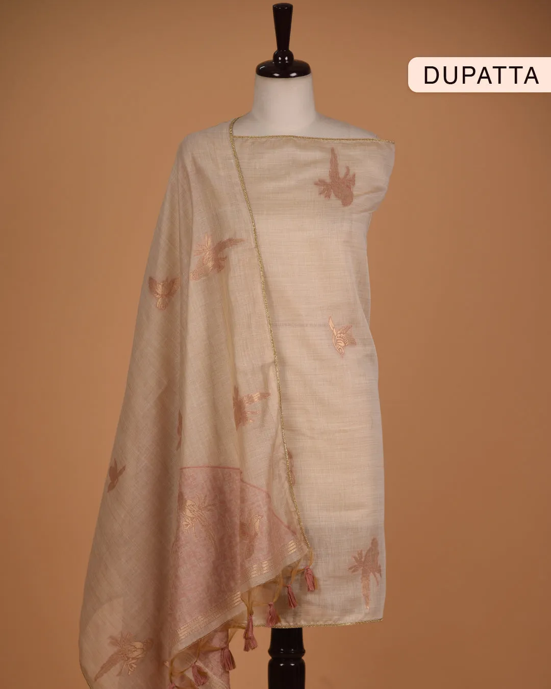 Cream With Pink Woven With Embroidery Unstitched Suit Fabric Set With Chanderi Woven Dupatta