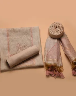 Cream With Pink Woven With Embroidery Unstitched Suit Fabric Set With Chanderi Woven Dupatta