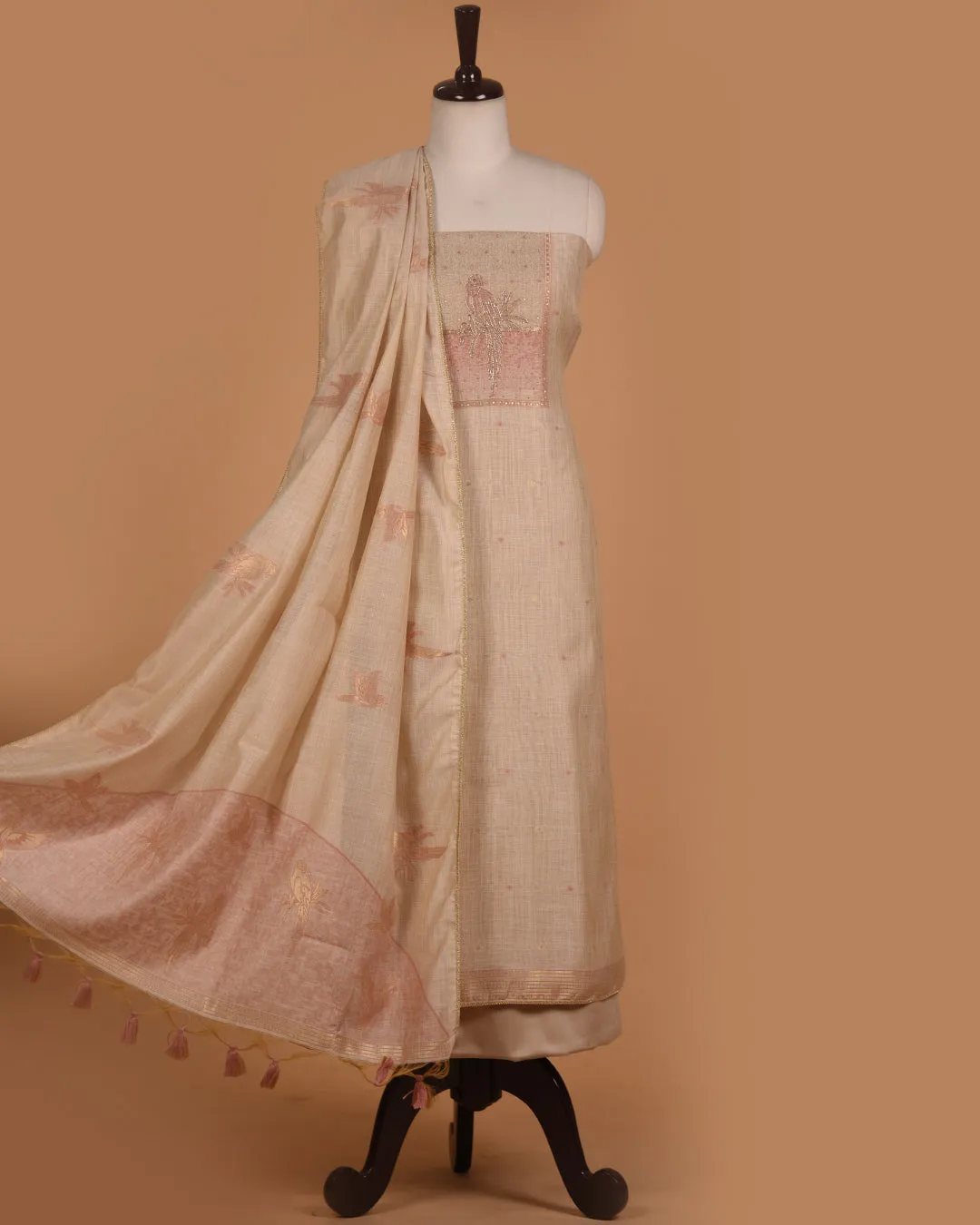 Cream With Pink Woven With Embroidery Unstitched Suit Fabric Set With Chanderi Woven Dupatta