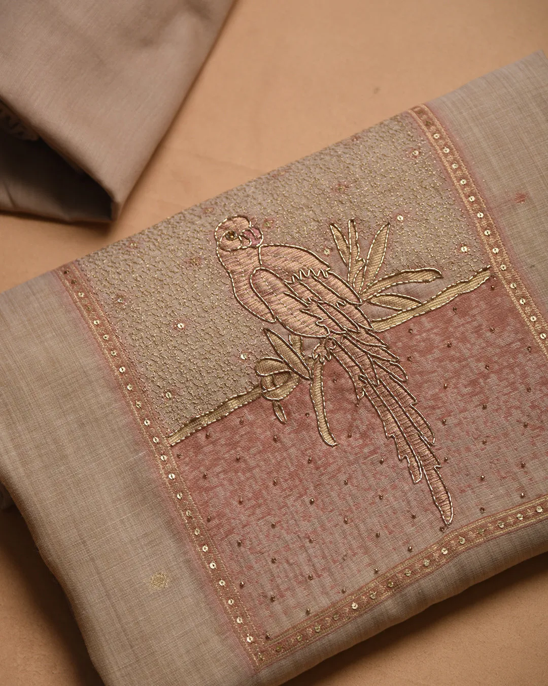 Cream With Pink Woven With Embroidery Unstitched Suit Fabric Set With Chanderi Woven Dupatta
