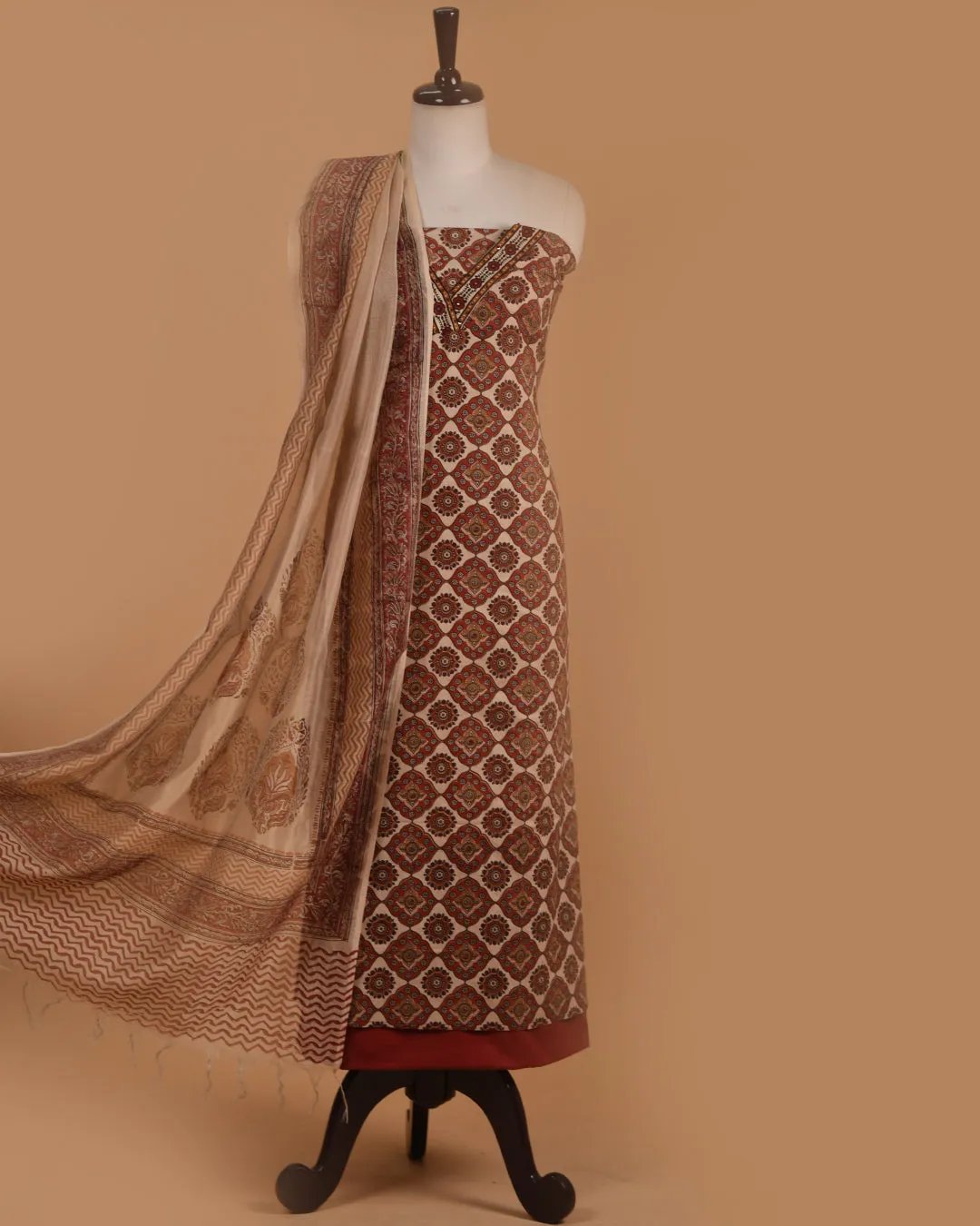 Cream With Red Pure Cotton Printed With Embroidery Unstitched Suit Fabric Set With Chanderi Dupatta