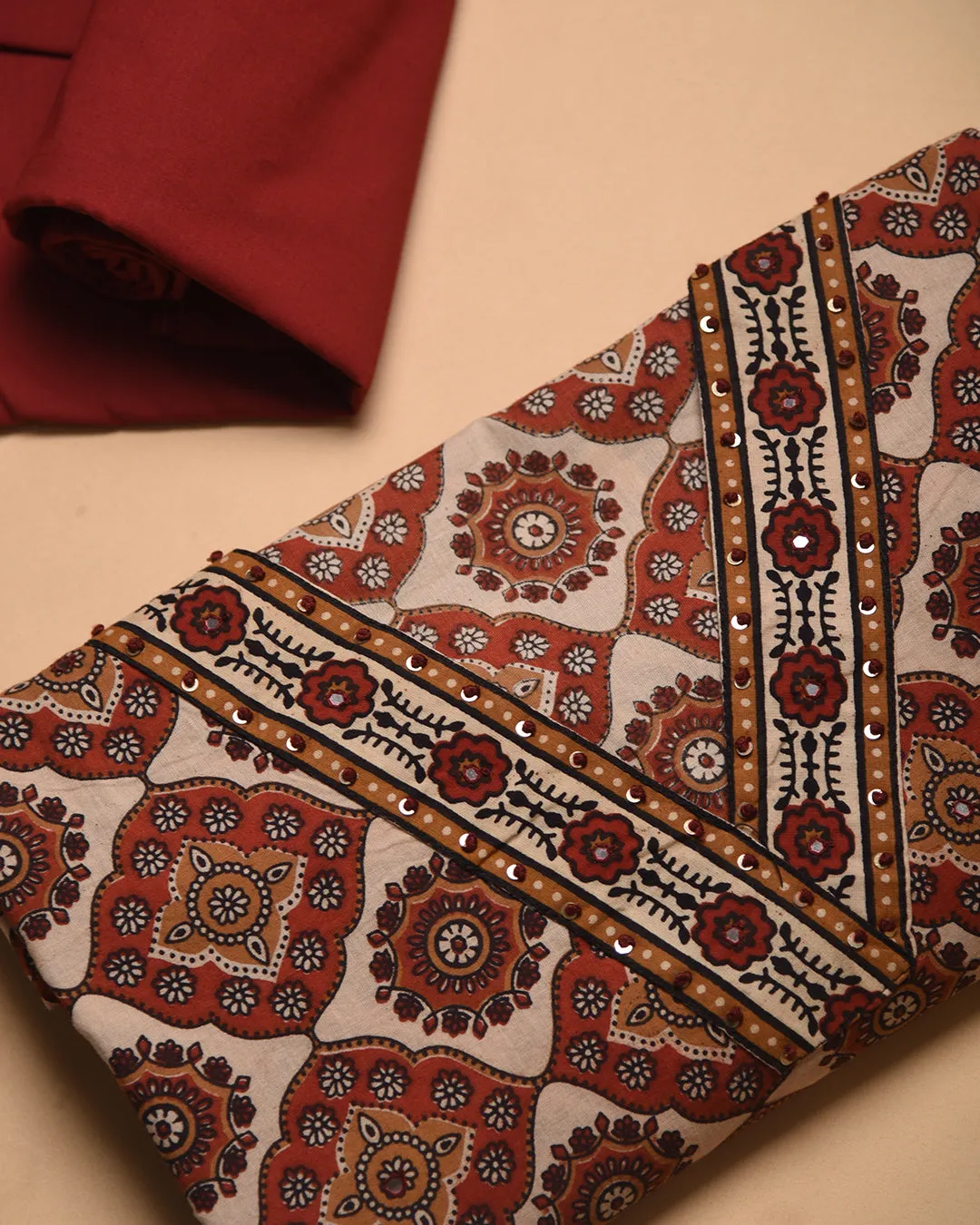 Cream With Red Pure Cotton Printed With Embroidery Unstitched Suit Fabric Set With Chanderi Dupatta