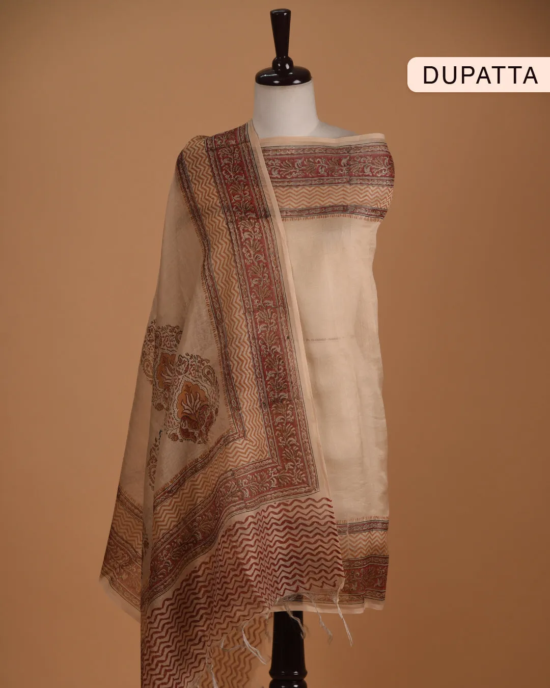Cream With Red Pure Cotton Printed With Embroidery Unstitched Suit Fabric Set With Chanderi Dupatta