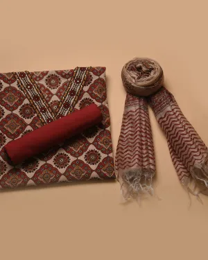 Cream With Red Pure Cotton Printed With Embroidery Unstitched Suit Fabric Set With Chanderi Dupatta