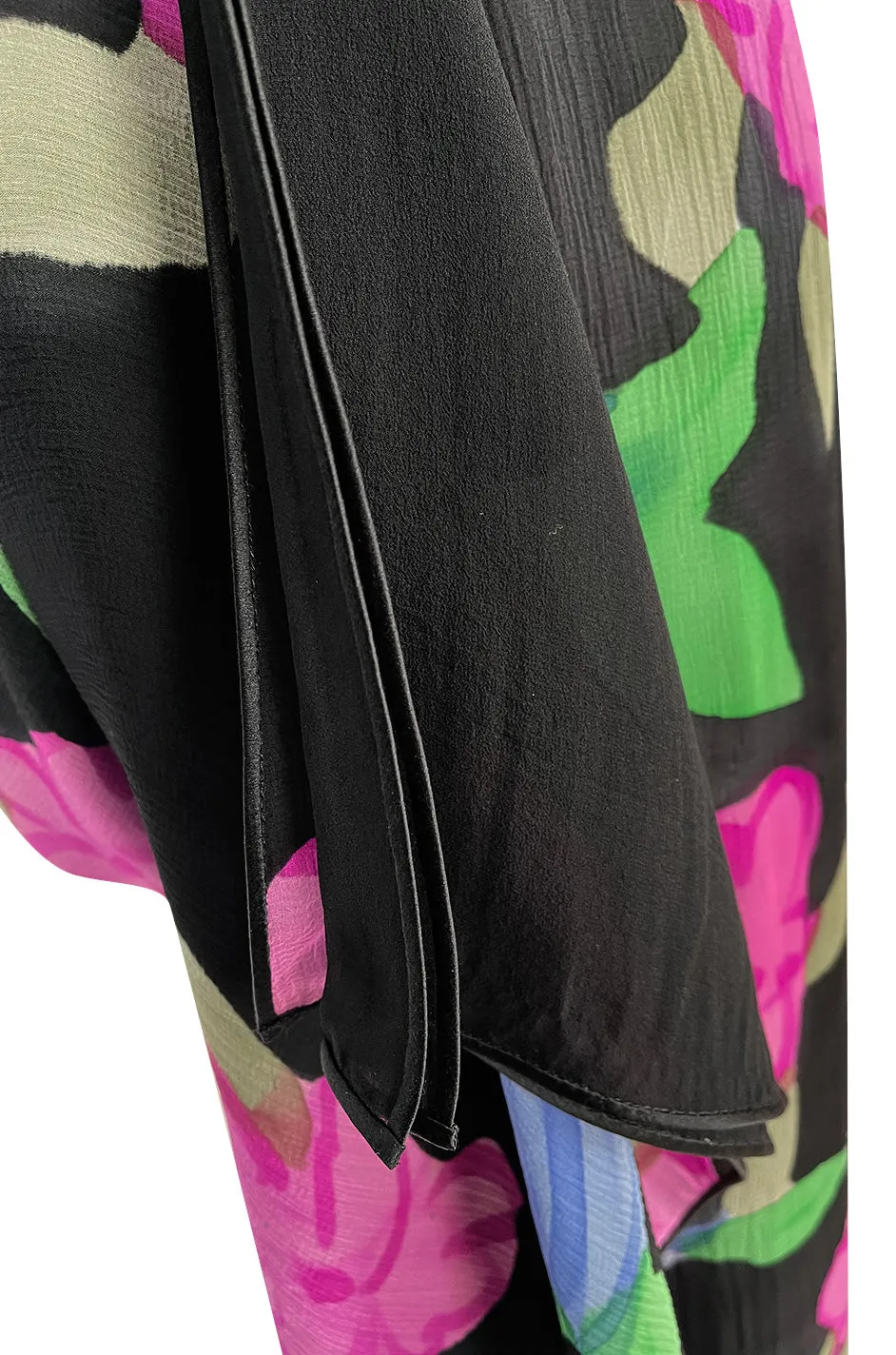 Custom 1970s James Galanos Floral Print Silk Chiffon Dress w Deep Plunging Black Lace Inserts