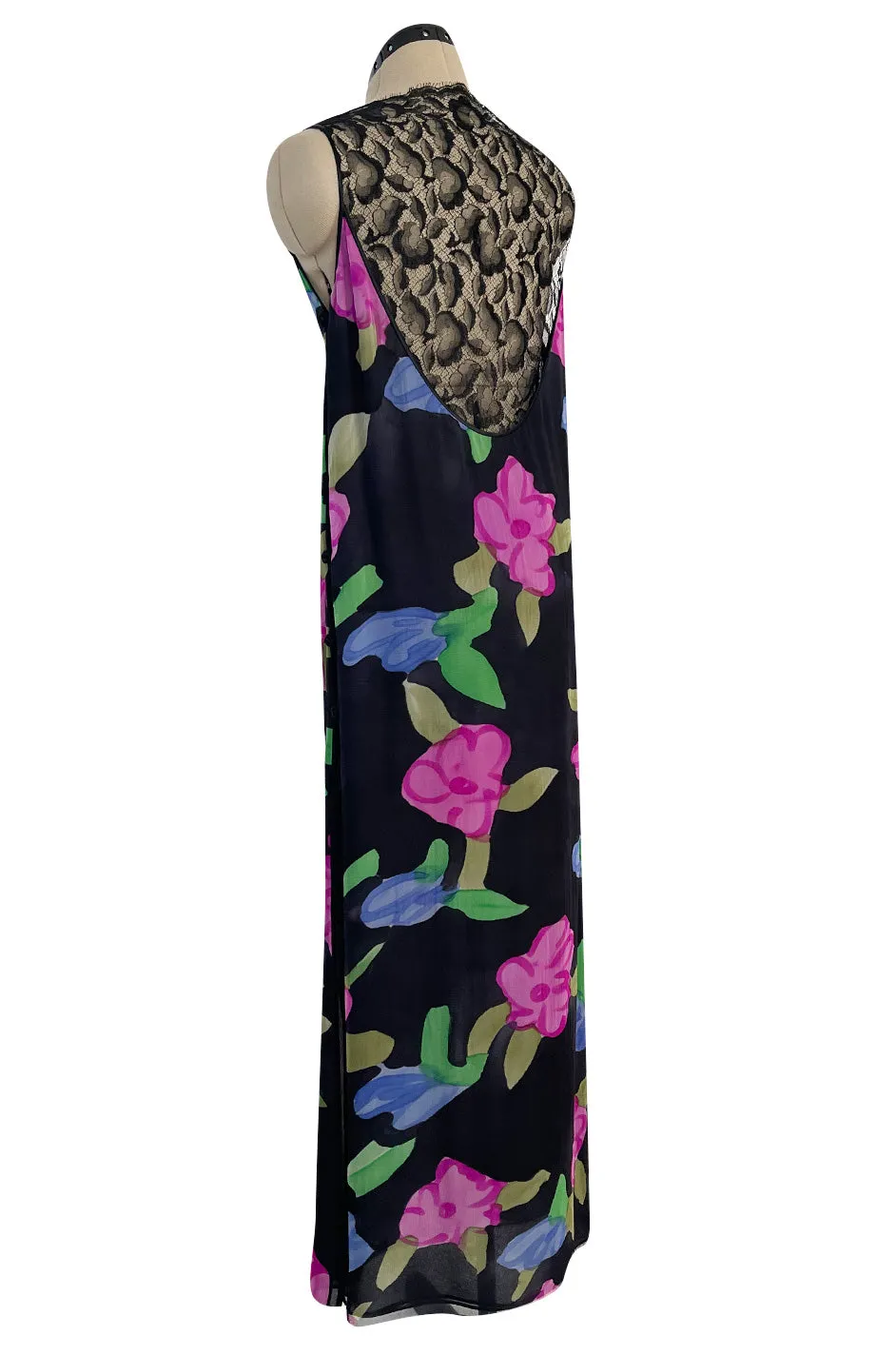 Custom 1970s James Galanos Floral Print Silk Chiffon Dress w Deep Plunging Black Lace Inserts