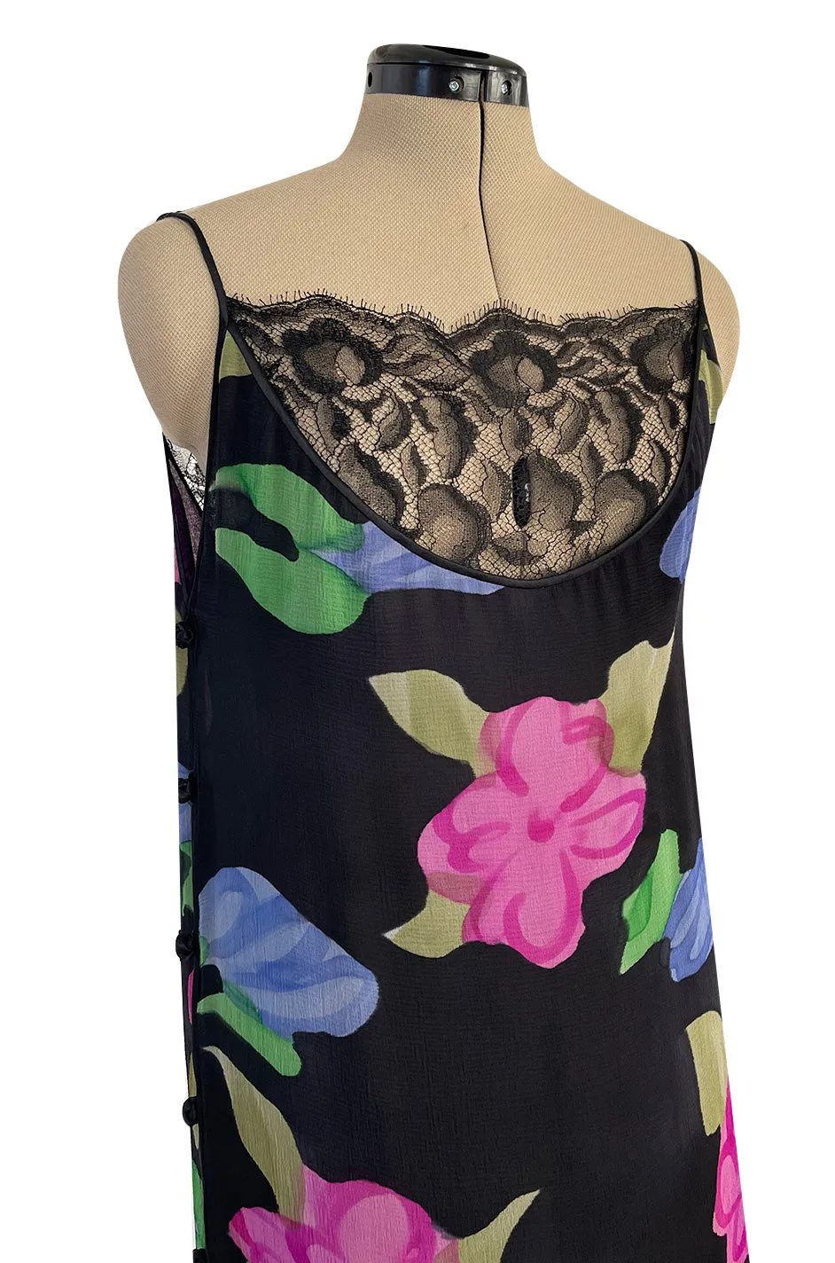 Custom 1970s James Galanos Floral Print Silk Chiffon Dress w Deep Plunging Black Lace Inserts