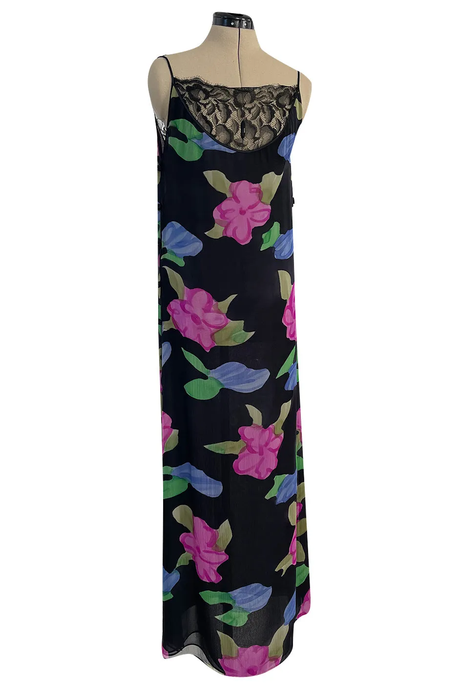 Custom 1970s James Galanos Floral Print Silk Chiffon Dress w Deep Plunging Black Lace Inserts