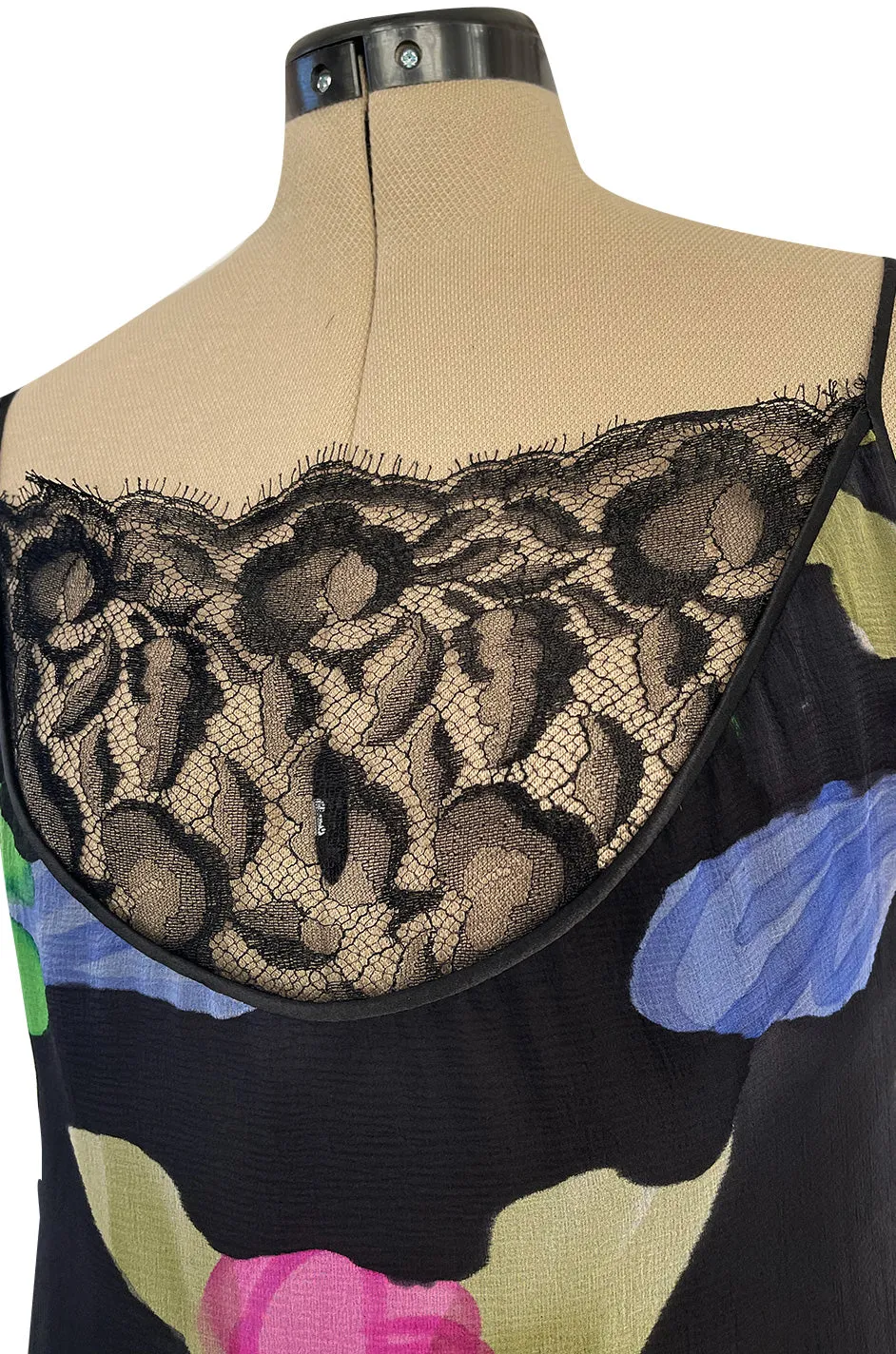 Custom 1970s James Galanos Floral Print Silk Chiffon Dress w Deep Plunging Black Lace Inserts