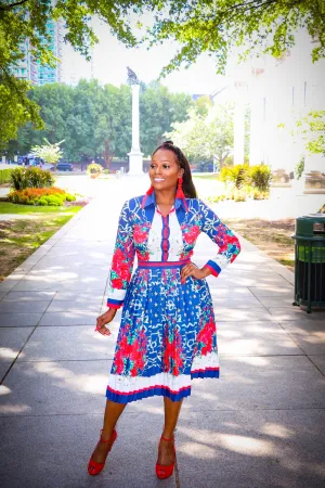 Daleyza Multi Color Print Long Sleeve Pleated Dress