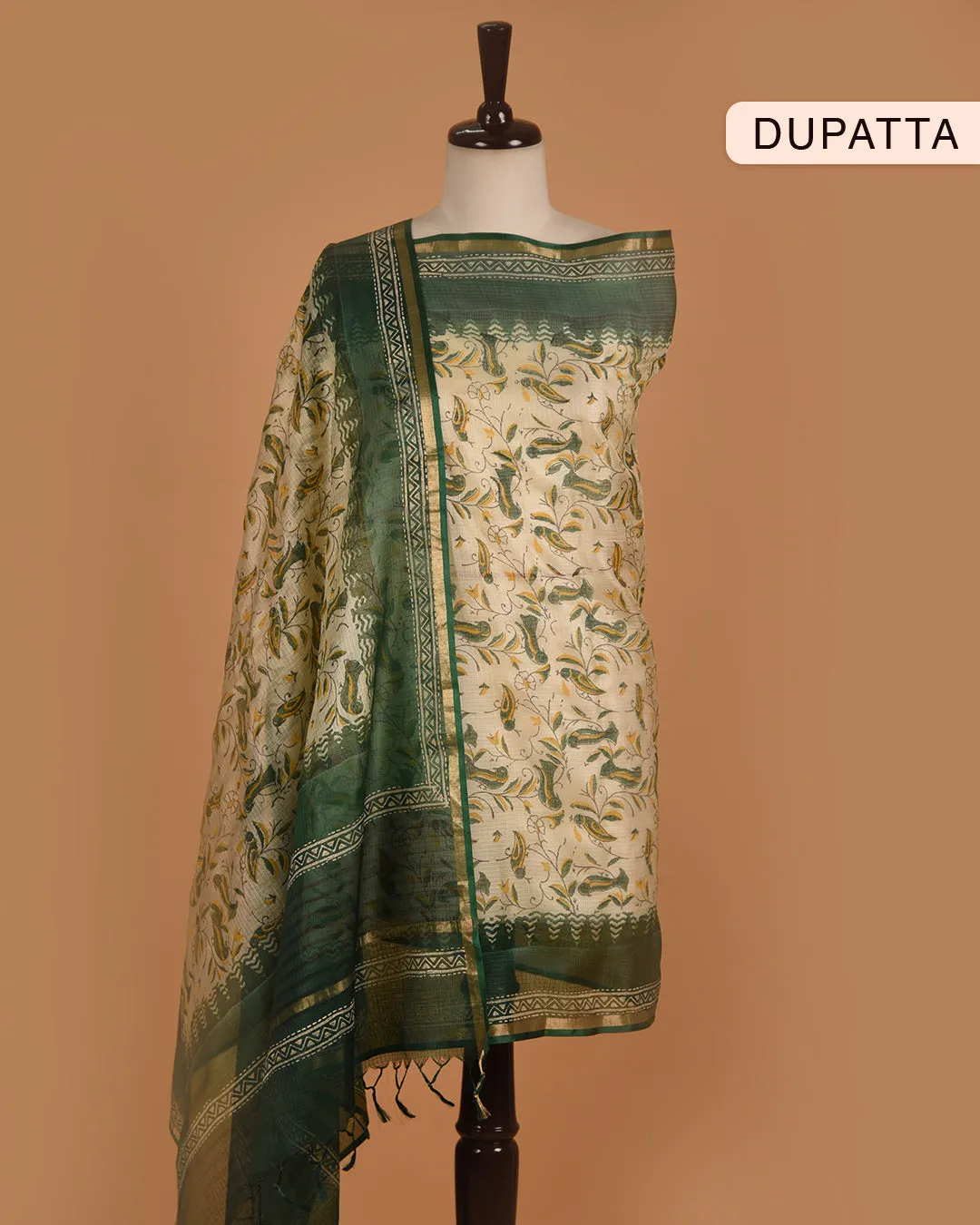 Deep Green Handloom Cotton Woven Unstitched Suit Fabric Set With Tissue Silk Hand Block Printed Dupatta