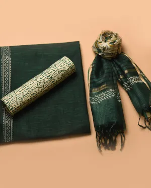 Deep Green Handloom Cotton Woven Unstitched Suit Fabric Set With Tissue Silk Hand Block Printed Dupatta
